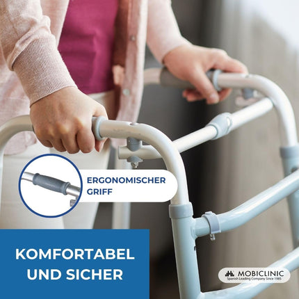 Mobiclinic®, Iešanas palīglīdzeklis, Mezquita, Eiropas zīmols, Iešanas rāmis, Salokāms, Viegls, Regulējams augstums, Senioriem, Izgatavots no alumīnija, Neslīdošs, Ergonomiski rokturi, Līdz 100 kg, Sudraba krāsā