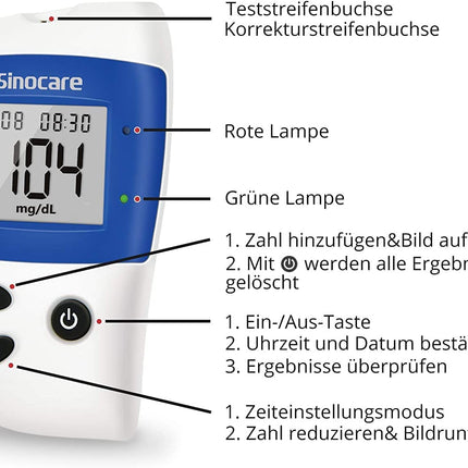 Sinocare asins glikozes mērītājs, glikozes monitors ar asins glikozes testa strēmelītēm 100, nesāpīga ātra asins glikozes trauksmes lampa, mg/dL
