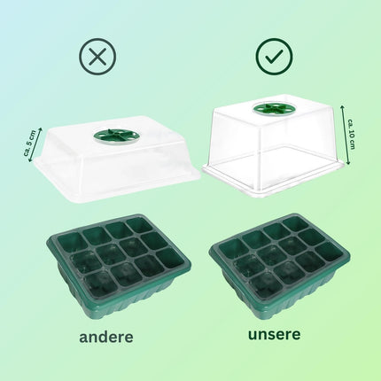 Maza iekštelpu siltumnīca ar 12 šūnām pa 3,5 x 3,5 cm² augu audzēšanai telpās, uz palodzēm, balkoniem vai terasēm. Audzēšanas kaste, kas ideāli piemērota ātri augošiem stādiem (melna)