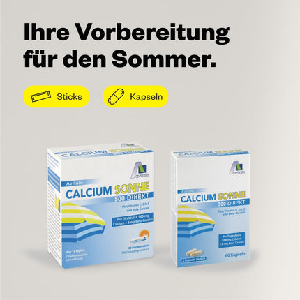 Avitale Calcium Sun 500 Direct - Lai sagatavotu ādu saulei, satur 500 mg kalcija un 6 mg beta-karotīna, kā arī C, D3 un E vitamīnus, 150 g