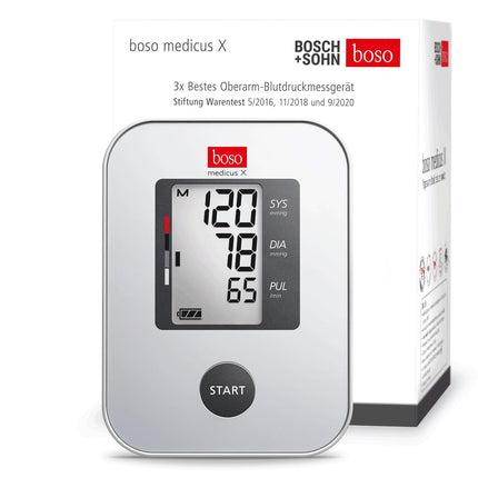 boso medicus X — labākais augšdelma asinsspiediena mērītājs (Stiftung Warentest 2016. gada 5., 2018. gada 11. un 2020. gada 9.) ar vienas pogas vadību, lielu displeju un aritmijas noteikšanu — ar standarta aproci (22–32 cm)
