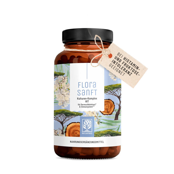 NATURTREU kultūru komplekss HIT + FI ar laktobacilām un bifidobaktērijām, arī histamīna nepanesības un fruktozes nepanesības gadījumā, 60 kuņģa sulu izturīgas kapsulas, papildināts ar B2 vitamīnu un B6 vitamīnu.