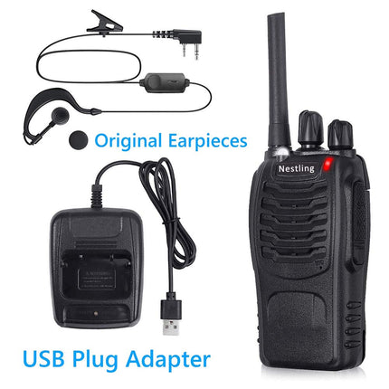 Nestling radio komplekts, rācija ar 16 kanāliem abos virzienos, rokas radio ar iebūvētu LED lukturīti, USB savienojumu un austiņām (2 gab. komplektā)