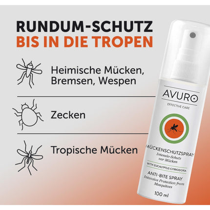AVURO odu atbaidīšanas aerosols 100 ml, ilgstoša aizsardzība pret kukaiņiem, 100% augu izcelsmes aktīvā viela - eikalipta citrondzelzs eļļa, bez DEET
