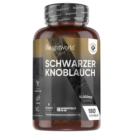 Melnais ķiploks 100:1 - 15000 mg vienā kapsulā - Ar alicīnu un S-alilcisteīnu - 180 vegānas kapsulas - 6 mēnešu krājumi - Pieaugušajiem - By WeightWorld