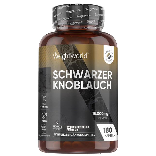 Melnais ķiploks 100:1 - 15000 mg vienā kapsulā - Ar alicīnu un S-alilcisteīnu - 180 vegānas kapsulas - 6 mēnešu krājumi - Pieaugušajiem - By WeightWorld