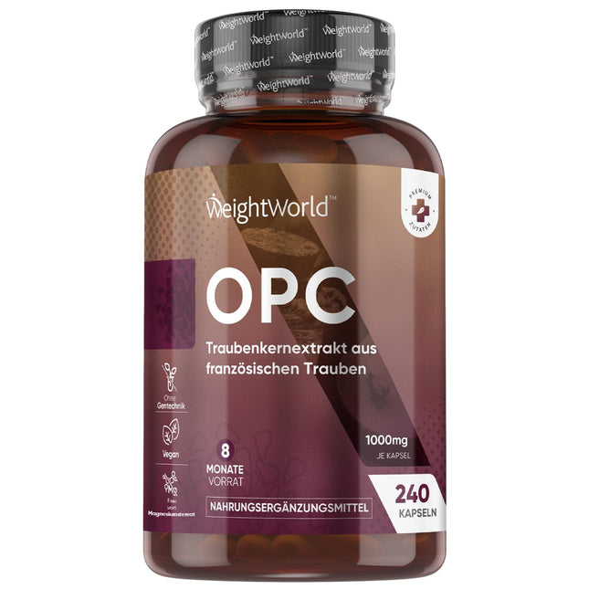 OPC vīnogu kauliņu ekstrakts - 240 kapsulas - 1000 mg ekstrakta vienā kapsulā - 8 mēnešu krājumi - 95% OPC - no franču vīnogām - WeightWorld