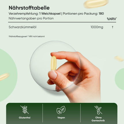 Melnās ķimenes sēklu eļļas mīkstās kapsulas - 1000 mg vienā mīkstajā kapsulā - 6 mēnešu krājumi - melnās ķimenes sēklu eļļa - auksti spiesta melnās ķimenes sēklu eļļa (Nigella Sativa) - 180 vegānas mīkstās kapsulas - WeightWorld
