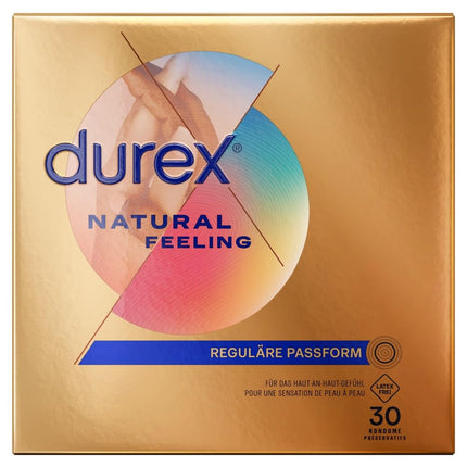 Durex Natural Feeling prezervatīvi – lateksa nesaturoši prezervatīvi, kas izgatavoti no Real Feel materiāla un ar anatomisku Easy-On formu – 30 iepakojums (1 x 30 gabali)
