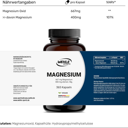 Magnija 400 mg kapsulas, augsta deva - 365 kapsulas (1 gads) 667 mg vienā kapsulā, no kuriem 400 mg elementārā magnija | Laboratorijā pārbaudīts. Vegāns - Wehle Sports