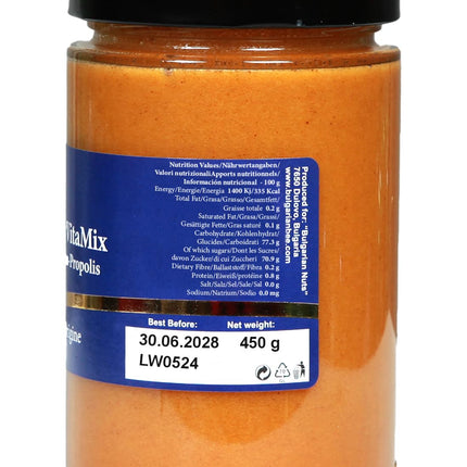 450 g medus satur ziedputekšņus, bišu vasku, propolisu un peru pieniņu