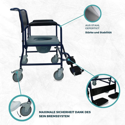 Mobiclinic, tualetes krēsls ar riteņiem, Barco, Eiropas zīmols, tualetes poda sēdeklis vecāka gadagājuma cilvēkiem un cilvēkiem ar invaliditāti, tualetes poda sēdeklis, salokāmi roku balsti, noņemami kāju balsti, vāks, stāvbremze, zils