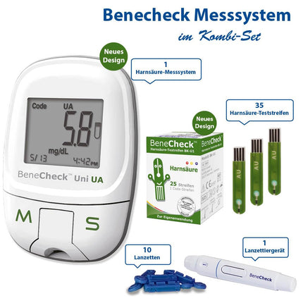 BeneCheck Premium urīnskābes mērītāja komplekts – ieskaitot 35 testa strēmeles un 10 lancetes | Urīnskābes testeris podagras kontrolei | Sākuma komplekts precīzai urīnskābes līmeņa mērīšanai mājās