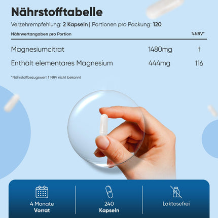 Magnija citrāta buferēts - 240 vegānas kapsulas - 444 mg elementārā magnija vienā porcijā - 4 mēnešu krājumi - magnija citrāta kapsulas - alternatīva tabletēm vai pulverim - no WeightWorld