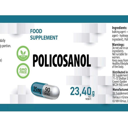 Policosanol 25mg 90 vegāniskas kapsulas, laboratoriski pārbaudītas, bez ĢMO, bez pildvielām vai piedevām