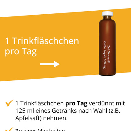 Dr. Wolz Zell Oxygen + Bišu peru pieniņa 600 mg, dabīgs rauga enzīmu šūnu līdzeklis veiktspējai un enerģijai, ar svaigu bioloģisku bišu peru pieniņu un vitamīniem, 14 ampulas pa 20 ml katrā
