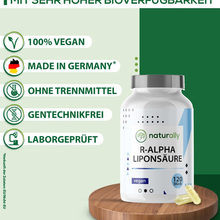 dabīgas R alfa lipoīnskābes kapsulas [120 kapsulas] – 300 mg augsta deva, vegāns, ražots Vācijā