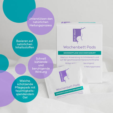 Multi-Mam pēcdzemdību ieliktnīši – pēcdzemdību audu kopšana intīmajām zonām un ķeizargrieziena rētām – intīmā aprūpe sievietēm. Mitrinoši želejas spilventiņi atvēsināšanai un atvieglojumam, bez smaržvielām vai hormoniem – 14 iepakojumā