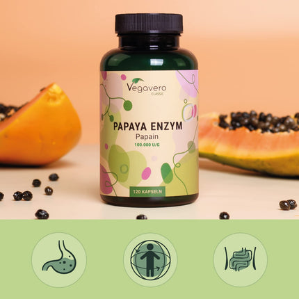 Papaijas enzīms Vegavero® | Augsta deva: 2100 mg tīra papaīna dienā | Augsta enzīmu aktivitāte: 100 000 vienības/g | Dabiski no augļiem| 120 kapsulas | Vegāns un bez piedevām
