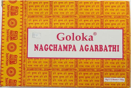 Goloka Nag Champa vīraka kociņi, 16 grami x 12 kastītes, 12 kociņi (1 iepakojums)