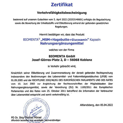 BIOMENTA MSM + Mežrozītes + Glikozamīns – 180 alergēnu nesaturošas kapsulas ar lielu devu – 1200 mg organiskā sēra pulvera + 794 mg glikozamīna sulfāta + 300 mg mežrozīšu ekstrakta dienā – vegāns – augstākās kvalitātes