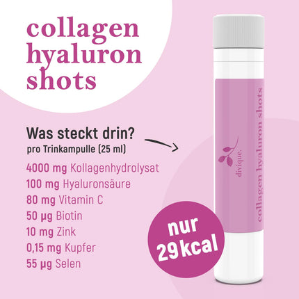 Divique kolagēna dzeršanas ampulas ar hialuronskābi (30 gab.) - 4000 mg kolagēna + 100 mg hialuronskābes - ar C vitamīnu, biotīnu, cinku, varu, selēnu - saldinātas ar ziedu medu un stēviju - zemeņu garša