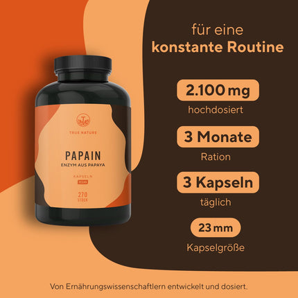 Papaijas enzīmu kapsulas - 270 gabali - AUGSTA DEVA: 2100 mg tīra papaīna - 6 miljoni vienību/g Papaīna enzīmu aktivitāte - vegāns, ražots Vācijā - TRUE NATURE®