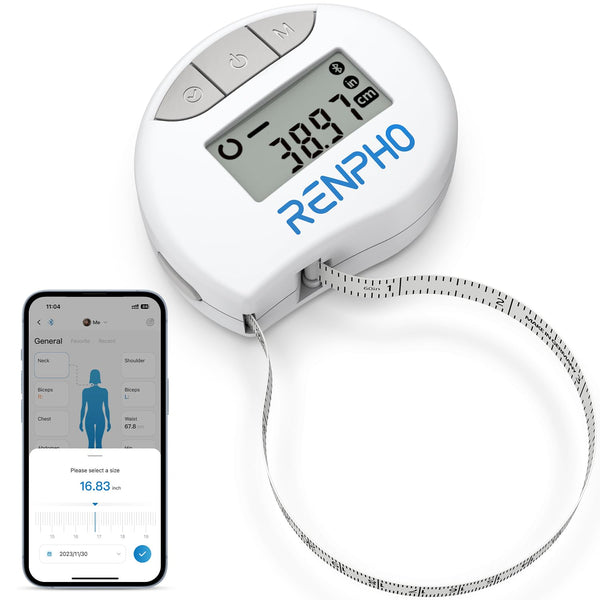 RENPHO ķermeņa mērlente Viedā ķermeņa mērlente, Bluetooth ķermeņa mērlente bicepsa, krūšu, gurnu, ikru, augšstilbu un kakla apkārtmēra mērīšanai, Šūšanas mērlente CM vai collās, 150 cm