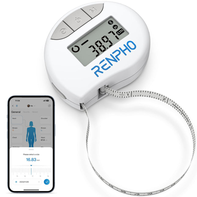 RENPHO ķermeņa mērlente Viedā ķermeņa mērlente, Bluetooth ķermeņa mērlente bicepsa, krūšu, gurnu, ikru, augšstilbu un kakla apkārtmēra mērīšanai, Šūšanas mērlente CM vai collās, 150 cm