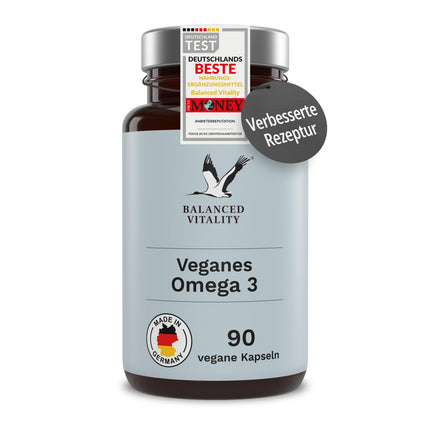 Vegāns Omega 3 augstas devas - 1500 mg dienā ar 450 DHA un 225 EPA no aļģu eļļas - 90 kapsulas 1 mēnesis - Omega 3 aļģu eļļas kapsulas ar firmas izejvielu life'sOMEGA® - bez zivīm - sabalansēta vitalitāte
