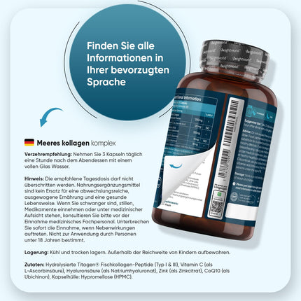 Jūras kolagēna komplekss - 1200 mg hidrolizētu zivju kolagēna peptīdu - ar hialuronskābi, koenzīmu Q10, C vitamīnu, cinku - 120 kolagēna hialuronskābes kapsulas - WeightWorld
