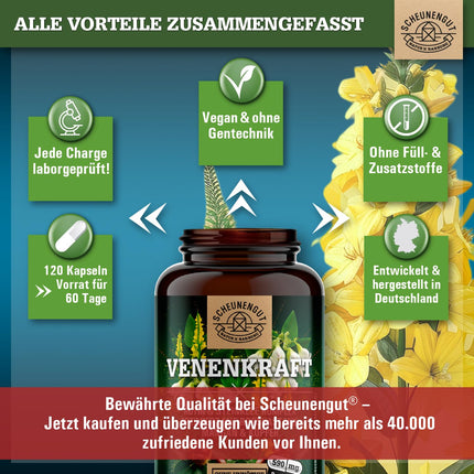 VENENKRAFT® Rutīna saldā āboliņa kapsulas ar augstu devu — SVARĪGI: Laboratorijā pārbaudīts vēnu komplekss ar rutīnu, saldo āboliņu, zirgkastaņas ekstraktu, mangānu, varu un citām vielām | 120 gab. -DE- SCHEUNENGUT®