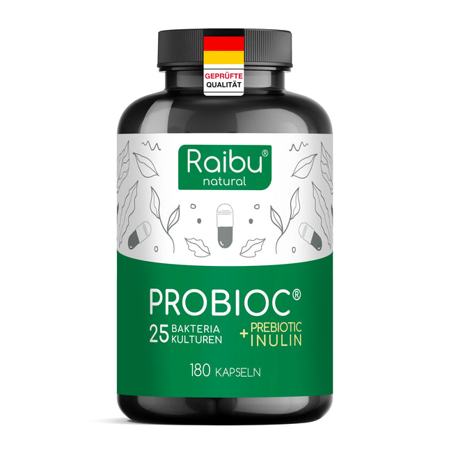 Probioc kultūru komplekss - 25 baktēriju celmi + inulīns - 300 miljardi CFU/g - 180 augstas devas un kuņģa sulu izturīgas kapsulas - ar laktobacilām un bifidobaktērijām - Raibu