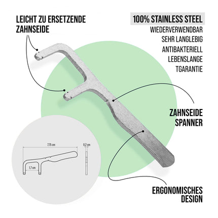 GEORDINARY nerūsējošā tērauda zobu diega turētājs - videi draudzīgs, plastmasas nesaturošs zobu diega turētājs - 100% nerūsējošā tērauda zobu diega stienītis, ilgtspējīgs un bez BPA