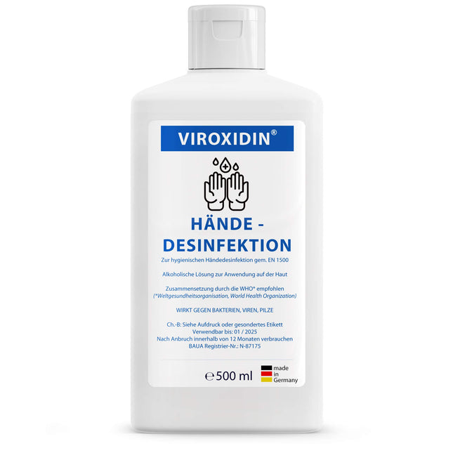 Viroxidin roku dezinfekcijas līdzeklis - 500 ml Eurodispenser pudele - pretvīrusu iedarbība - iznīcina 99% baktēriju - 83% spirta (etanola) - ierīvējams roku dezinfekcijas līdzeklis pret baktērijām, vīrusiem un sēnītēm - 500 ml (430 g)