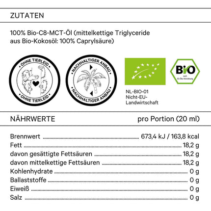 Primal State® organiskā C8 MCT eļļa [500 ml] | Veicina 300% ketonu līmeņa salīdzinājumā ar citām MCT eļļām | tīra kaprilskābe ar 99,8% tīrību | ieskaitot pilinātājs stikla pudelē
