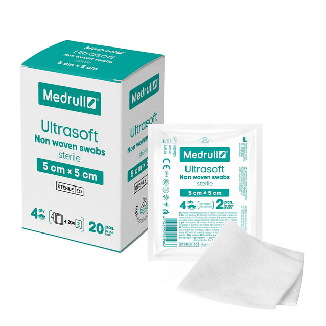 Medrull neaustās kompreses STERILI ULTRASOFT brūču pārsēji 4 slāņu 5 cm x 5 cm Iepakotas 2 gab. - 20 papīra maisiņi (40 gab.)