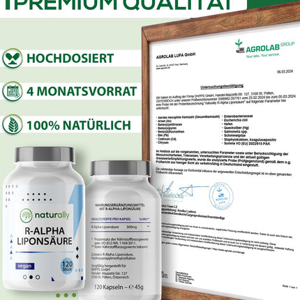 dabīgas R alfa lipoīnskābes kapsulas [120 kapsulas] – 300 mg augsta deva, vegāns, ražots Vācijā