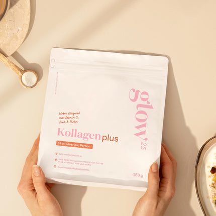 Glow25® Collagen Plus [450 g] - kolagēna hidrolizāts ar C vitamīnu, cinku un biotīnu - 1. un 3. tipa peptīdi - laba šķīdība - neitrāls