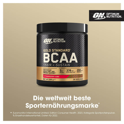 Optimum Nutrition Gold Standard BCAA Train + Sustain, aminoskābju pulveris lietošanai pirms treniņa, sporta dzēriens ar C vitamīnu, cinku, magniju un elektrolītiem, zemeņu-kivi garša, 28 porcijas, 266 g