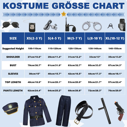 Fover policijas kostīms bērniem zēniem 12 gab. policijas aprīkojums policijas nūjas policijas signāli policijas cepure krekls rācijas policijas rotaļlietu komplekts Helovīna karnevāls dzimšanas dienas policijas kostīms FR010XL