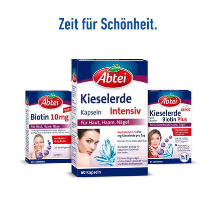 Abtei Kieselerde Intensive - Matu un nagu trausluma novēršanai - Ar silīciju - Tīrs dabīgs produkts - Augsta deva, bez glutēna, bez laktozes - 60 kapsulas