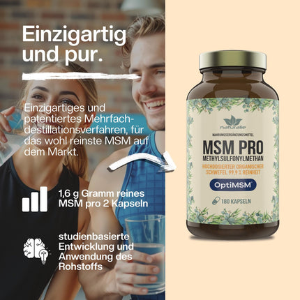 naturalie® MSM PRO - 1,6 g tīra metilsulfonilmetāna vienā dienas devā - 99,9% tīrība, pateicoties OptiMSM™ vairākkārtējai destilācijai - bez liekām piedevām - 180 kapsulas brūnā stikla iepakojumā bez BPA