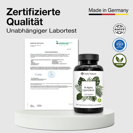Only Nature® R alfa lipoīnskābe 300 mg - augsta deva - 120 laboratorijā pārbaudītas kapsulas - vegāns - bez piedevām - ražots Vācijā - R-alfa lipoīnskābe