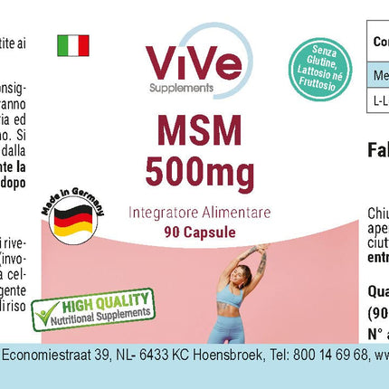 MSM 500 mg - 90 kapsulas - organiskais sērs - metilsulfonilmetāns - 3000 mg dienas deva - liela deva un vegānisks | Kvalitāte no Vācijas - ViVe uztura bagātinātāji
