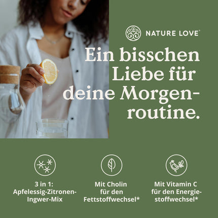 NATURE LOVE® Metabolism Routine 150g – Metabolisma dzēriens ar ābolu sidra etiķi, ingvera šotu un citronu – ar C vitamīnu un holīnu – vegāns, bez liekām piedevām – ražots Vācijā un laboratorijā pārbaudīts