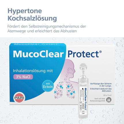MucoClear Protect inhalācijas šķīdums sašķidrina gļotas plaušās, 20 vienreizējas devas iepakojumi