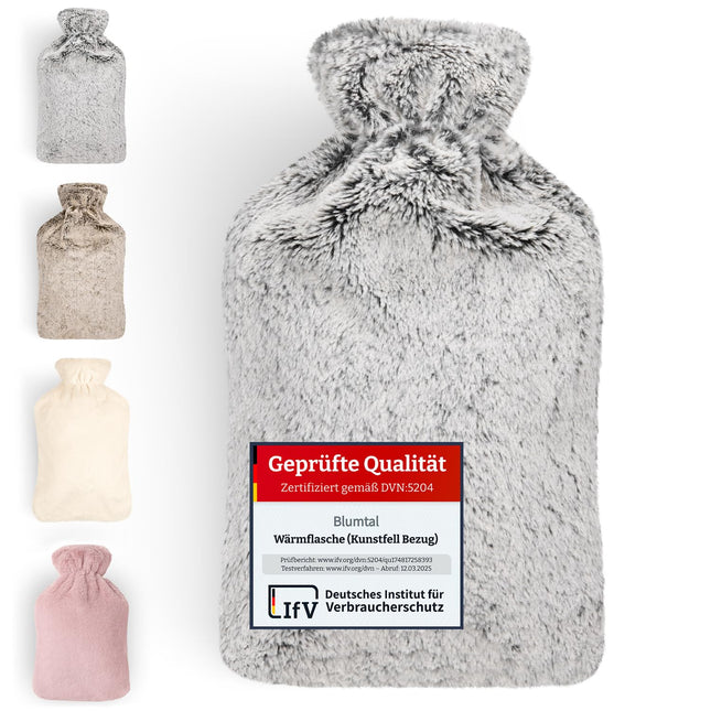 Blumtal Premium karstā ūdens pudele ar mīkstu mākslīgās kažokādas pārvalku 1,5 l - karstā ūdens pudele izgatavota no dabīgā kaučuka - karstā ūdens pudeles draudzenes dāvana - karstā ūdens maisiņš luksusa klases - hermētiska karstā ūdens pudele pelēka