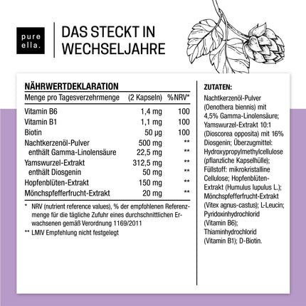 Pure Ella MENOPAUSE - Svarīgi vielu komplekss sievietēm ar menopauzes simptomiem - Satur naktssveces eļļu, jamsa sakni un vijolīšu ogu - Dabīgs, bez hormoniem, vegāns - 60 menopauzes kapsulas