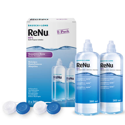 Bausch + Lomb ReNu MPS Sensitive Eyes kombinētais šķīdums - kontaktlēcu tīrīšanas un uzglabāšanas šķīdums, mīkstas kontaktlēcas, 2 x 360 ml, caurspīdīgs